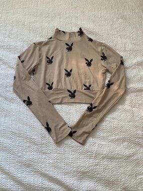 Playboy Tan All-Over Bunny Logo Mock Neck Crop Top S/P
